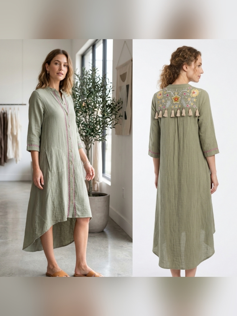 Soft Surroundings Embroidered Tassel Gauze High-Low Midi Dress - XS
